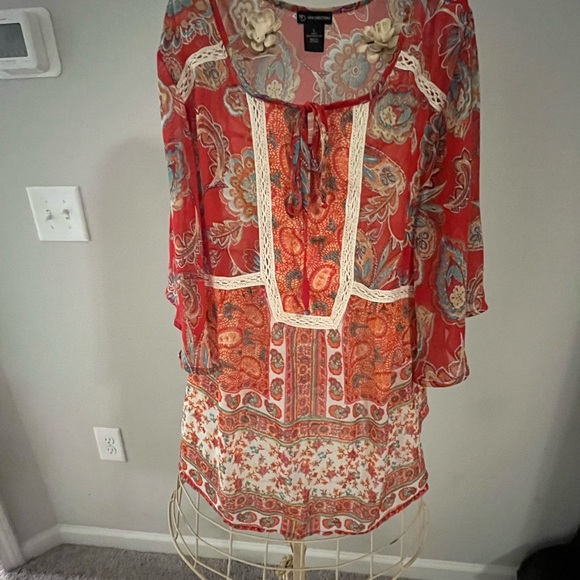 new directions Tops - Bohemian Floral Dress with Lace Accents
